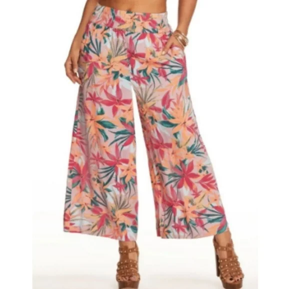 Jessica Simpson Pink Floral Wide Leg Cropped Pants Sz L ResortWear Lagenlook - Picture 1 of 10